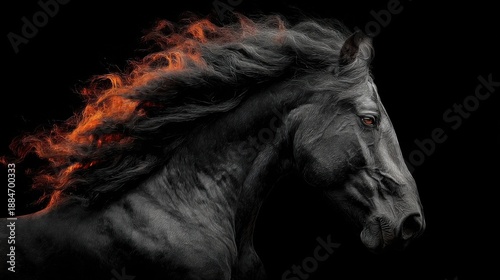 Black Horse with Fiery Mane Flowing Against Dark Background