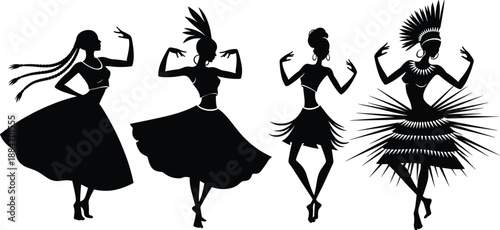 Four Silhouette Dancers in Different Costumes and Poses ballerina flamenco tribal