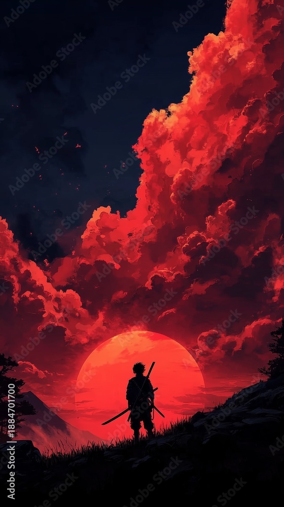 Fototapeta premium Lone samurai silhouette stands on hill crest as sun sets behind vibrant clouds in evening