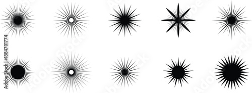 Ten black starburst sunburst shapes on white background radial explosion