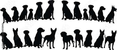 Dog silhouettes vector collection, featuring sitting standing puppy poses, black isolated canine shapes illustration set for pet, animal, design projects