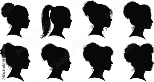Silhouettes of women with various hairstyles in profile view