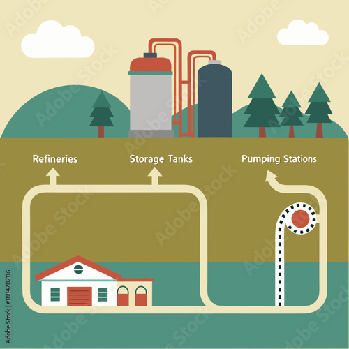 Industrial Fuel Pipeline Routing Diagram Vector Illustration