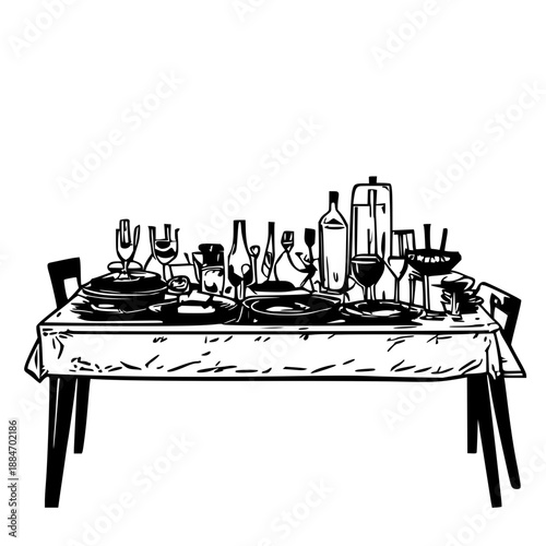 Silhouette vector illustration of a dinner table set with assorted serving dishes, glasses, and a crisp white tablecloth on a clean white background