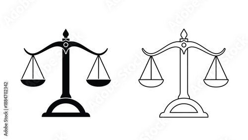 Black and white illustration depicting a balanced scale of justice side by side