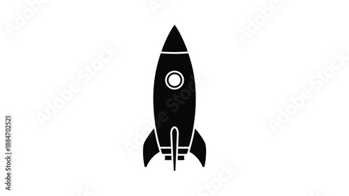 A simple black silhouette illustration of a classic rocket ship design
