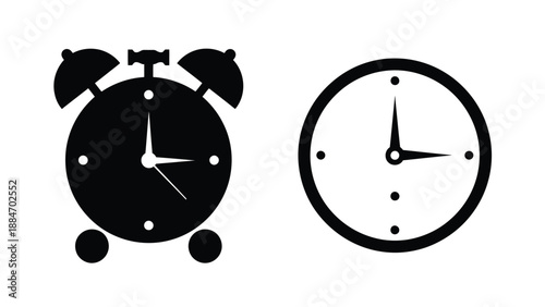 Simple illustration of a black alarm clock and a round wall clock