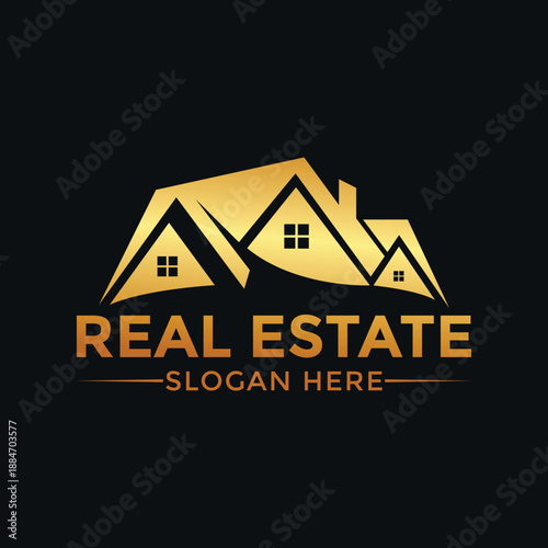 Elegant Gold Real Estate Logo with Houses Silhouette and Text - Luxury Property Business Emblem