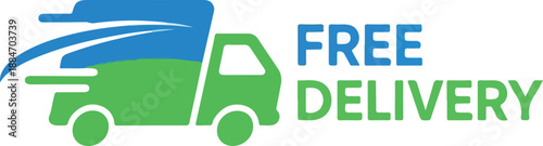 Free delivery truck symbol, green vehicle with text, transportation concept, online shopping