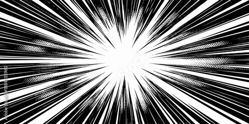 A fractal burst background of black and white abstract design featuring a digital motion explosion with light rays and starlight texture for a high energy space wallpaper illustration