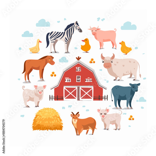 Farm Animals Gathering: A colorful and cheerful illustration showcasing a variety of farm animals. A vivid scene, ideal for conveying the charm of farm life and the beauty of rural scenes.