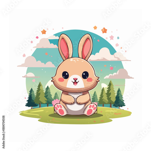 Playful Bunny's Daydream: An endearing illustrated bunny basks in a whimsical scene of springtime cheer, exuding a playful vibe, perfect for stories and designs.