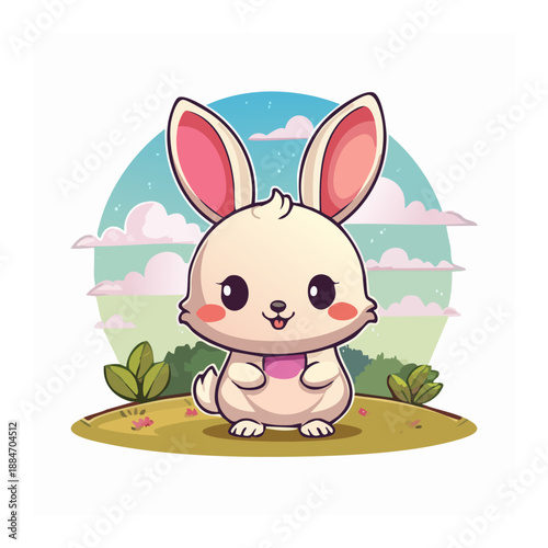 Cute Bunny in Nature's Embrace: An adorable illustration of a cute bunny, with fluffy white fur, long ears, and innocent eyes, surrounded by a serene natural backdrop.