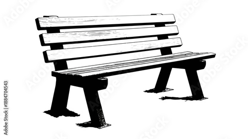 A simple illustration of a park bench with wooden slats and black supports, shown in black and white