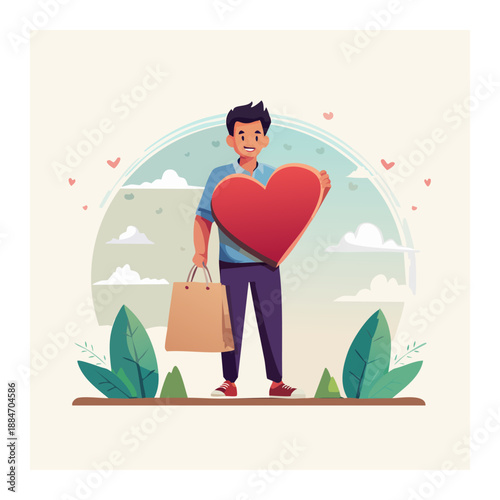 Love and Shopping: A man stands proudly, carrying both a heart and a shopping bag, symbolizing love and gift-giving in a heartwarming scene.