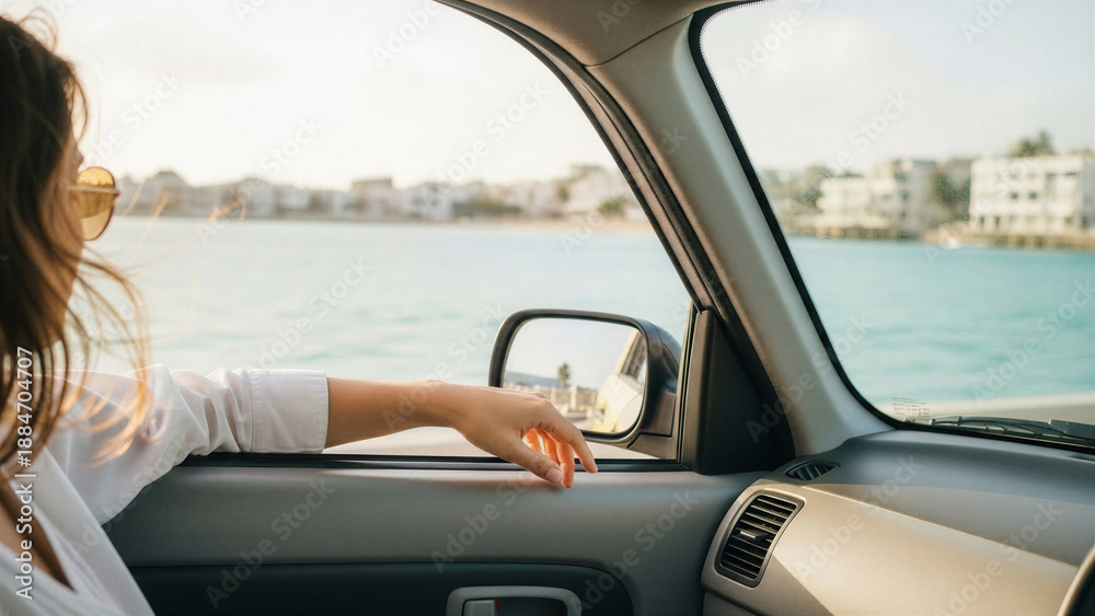Naklejka premium Young woman enjoying seaside view from car window during summer 