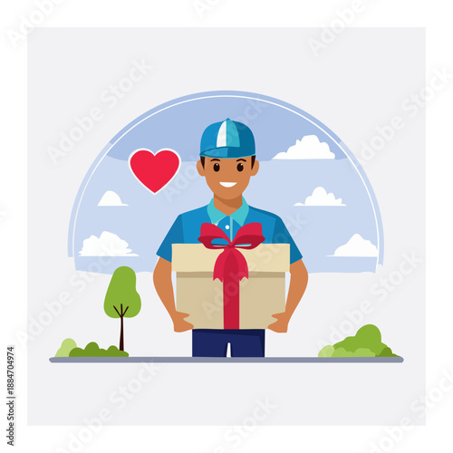 Delivering Gift with Love: A cheerful delivery person holding a beautifully wrapped gift box, complemented by a heart, symbolizing care and thoughtfulness. The image evokes feelings of warmth.