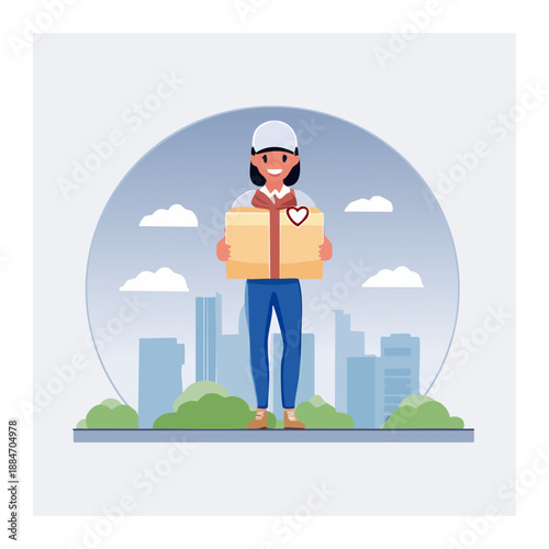 Delivering Happiness: A smiling delivery person, holding a gift box. She stands ready to spread joy to the recipient. The backdrop hints at an urban setting, the scene brimming with anticipation