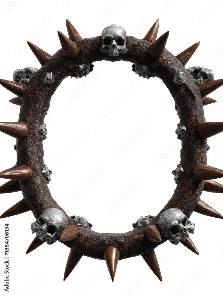 Fototapeta premium Ornate skull and spike wreath on black background