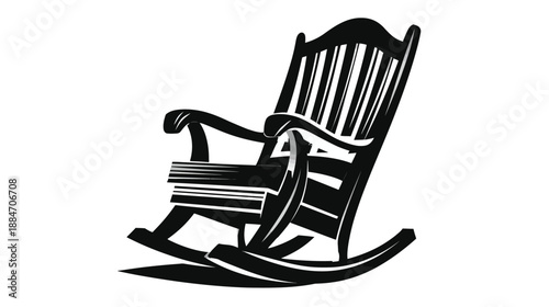 A black and white illustration of a rocking chair, showcasing its details and form in a simple style