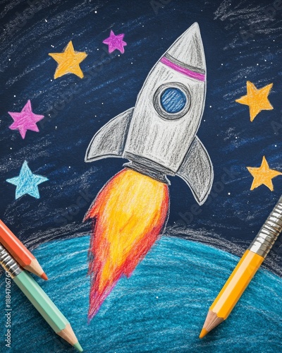 Rocket ship blasting off into a simple starry sky