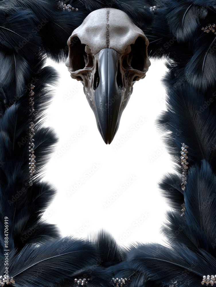 Naklejka premium Raven skull amidst dark feathers with ornamental pearls