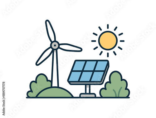 Flat vector illustration of renewable energy concept wind turbine solar panel sun soft rounded forms eco awareness style
