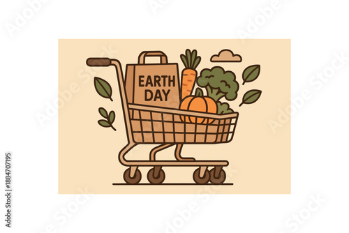 Flat vector illustration of reusable shopping cart filled with paper bags and vegetables soft earth day cozy eco style