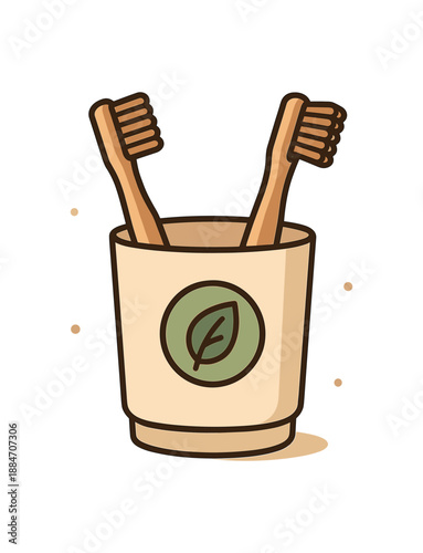 Flat vector illustration of eco friendly toothbrush cup with two brushes and leaf badge soft earth day cozy eco style