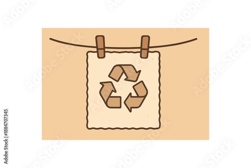 Flat vector illustration of handmade paper sheet drying on line with recycle mark soft earth day cozy eco style