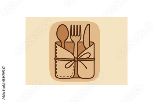 Flat vector illustration of reusable cutlery wrap with spoon fork knife inside soft earth day cozy eco style