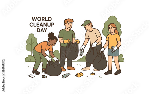 Flat vector illustration of world cleanup day people with trash bags and gloves soft environmental awareness style