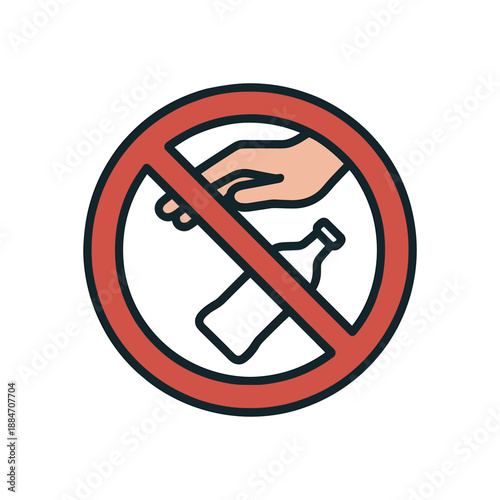 Flat vector illustration of no littering sign with hand and crossed bottle soft environmental awareness style
