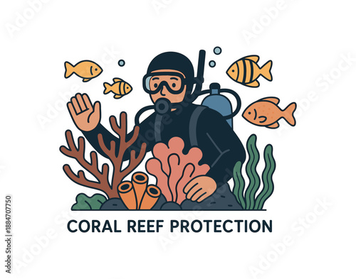 Flat vector illustration of coral reef protection diver coral and fish soft environmental awareness style