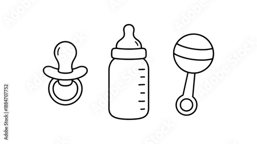 three baby shower items pacifier bottle rattle flat vector illustration clean black line art minimal detail no color white background hand drawn look isolated composition