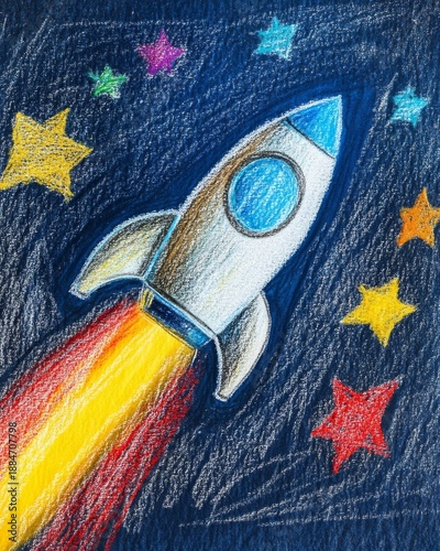 Child's adventurous drawing of space travel