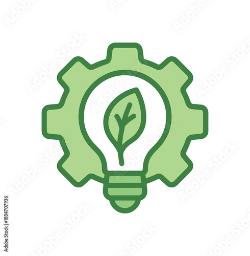 Flat vector illustration of green innovation lab leaf gear and light bulb soft environmental awareness style
