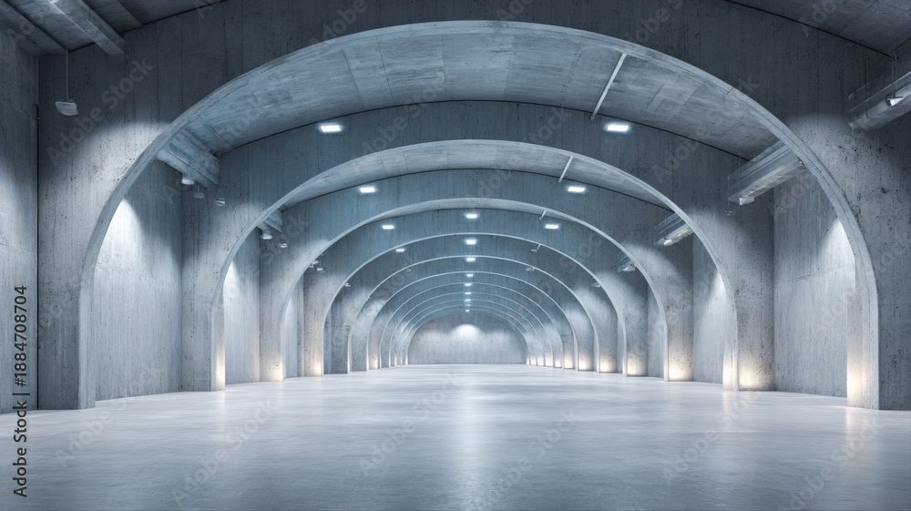 Fototapeta premium Industrial Concrete Tunnel with Arches and Diminishing Perspective, Ideal for Architectural Visualization and Backgrounds