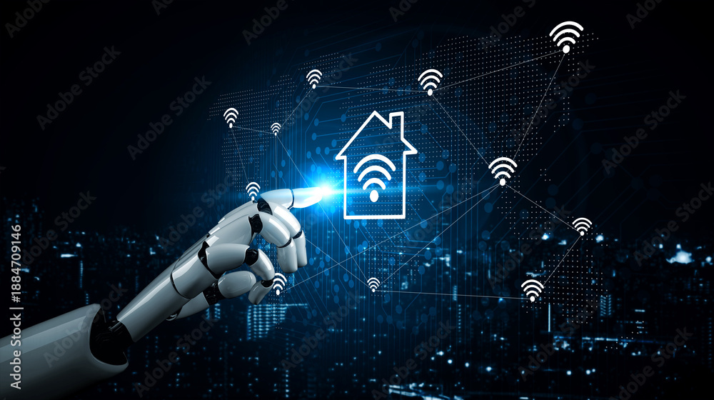 Naklejka premium A robotic hand interacts with a smart home icon, symbolizing connectivity and automation in a modern urban environment, showcasing innovation in technology. Gantry