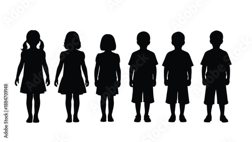 Vector Illustration of Silhouettes of Children Standing in a Row