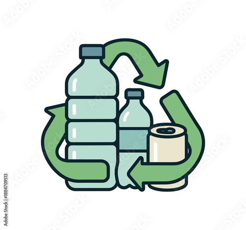 Flat vector illustration of plastic recycling icon bottles cans and arrows soft eco awareness style