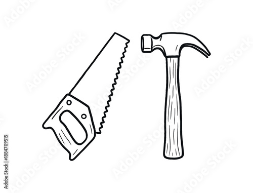 two woodworking tools hand saw hammer flat vector illustration clean black line art minimal detail no color white background hand drawn look isolated composition