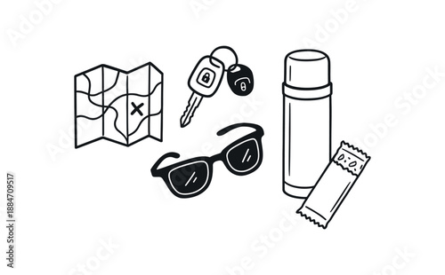 five road trip items map key sunglasses thermos snack bar flat vector illustration clean black line art minimal detail no color white background hand drawn look isolated composition