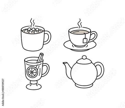 four winter drinks mug of cocoa cup of tea mulled beverage glass kettle flat vector illustration clean black line art minimal detail no color white background hand drawn look isolated