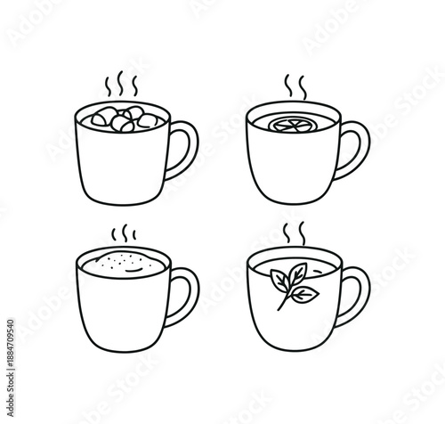four cozy mugs with hot drinks cocoa with marshmallows tea with lemon cappuccino with foam and herbal infusion with mint flat vector illustration clean black line art minimal detail no