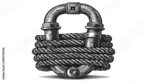 An engraved illustration of a padlock, tied securely with rope, against a stark white background