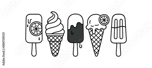five summer ice cream cones and popsicles with fruit slices chocolate coating waffle texture and melting drops flat vector illustration clean black line art minimal detail no color white