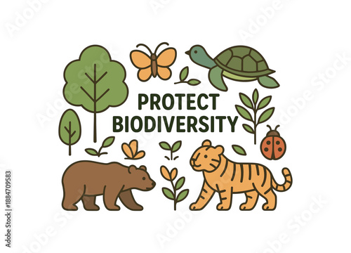 Flat vector illustration of protect biodiversity animals birds insects and trees soft eco awareness style
