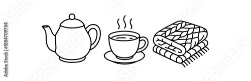 three cozy home objects teapot cup of tea and wool blanket flat vector illustration clean black line art minimal detail no color white background isolated composition