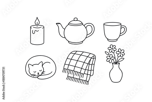 six cozy home items candle teapot cup cat curled up plaid blanket and flower vase flat vector illustration clean black line art minimal detail no color white background isolated composition